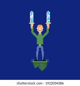 colorful simple flat pixel art illustration of young smiling guy holding two swords over his head