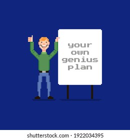 colorful simple flat pixel art illustration of cartoon smiling guy standing by a white board with inscription
