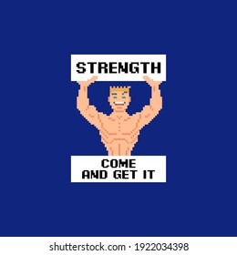 colorful simple flat pixel art illustration of a young strong smiling guy holding a poster with text