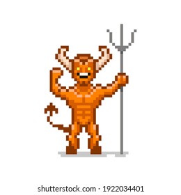 colorful simple flat pixel art illustration of cartoon smiling red devil with a trident in his hand