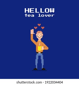 colorful simple flat pixel art illustration of cartoon smiling young man in love with a cup of hot drink in his hand and hearts over his head