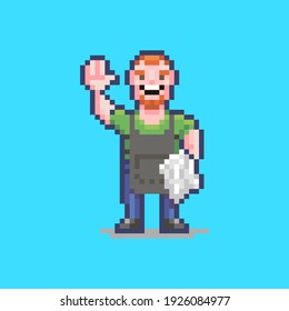 colorful simple flat pixel art illustration of smiling worker in an apron with a white towel on his hand