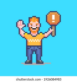 farbenfrohe, einfache Illustration von flachen Pixelkunst eines lächelnden Typen, der ein orangefarbenes Zeichen mit einem weißen Ausrufezeichen trägt