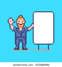 ilustración de un tipo sonriente en un traje cerca de una pizarra en blanco