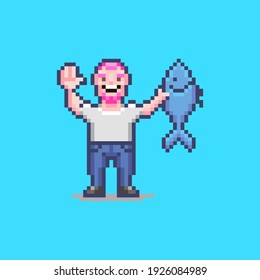 colorful simple flat pixel art illustration of smiling guy holding a fish in his hand