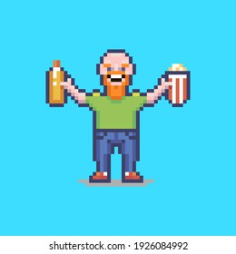 Colorful Simple Flat Pixel Art Illustration Of Smiling Bald Guy With A French Hot Dog And A Pack Of Popcorn In His Hands