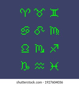 colorful simple flat pixel art illustration of set of neon green zodiac signs icons