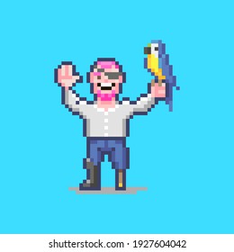 colorful simple flat pixel art illustration of smiling pirate with a wooden leg and a parrot in his hand