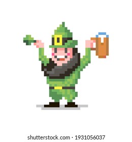 colorful simple flat pixel art illustration of smiling leprechaun in a green suit with a glass of beer and a clover in his hands