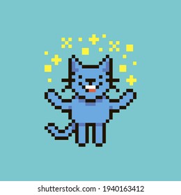 colorful simple flat pixel art illustration of cartoon smiling crypto cat showing a magical glow overhead