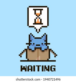 colorful simple flat pixel art illustration of cartoon cute kitten sitting in an open cardboard box and speech-bubble with sand clock in it