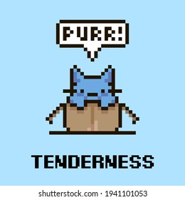 colorful simple flat pixel art illustration of cartoon cute kitten sitting in an open cardboard box and speech-bubble with text purr in it