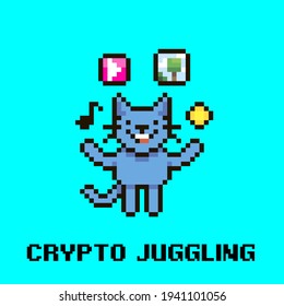colorful simple flat pixel art illustration of cartoon smiling crypto cat juggling symbols overhead musical note, video player, picture and coin or token