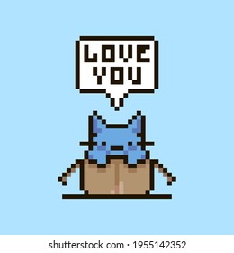 colorful simple flat pixel art illustration of cartoon cute kitten sitting in an open cardboard box and speech-bubble with text love you in it