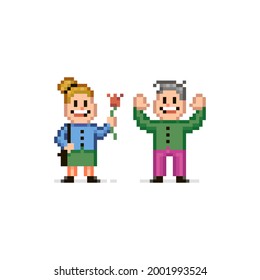 colorful simple flat pixel art illustration of smiling girl giving a flower to a joyful guy