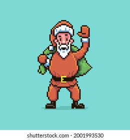 colorful simple flat pixel art illustration of Santa Claus holding a green bag with gifts behind his back