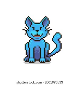 colorful simple flat pixel art illustration of cheerful blue fantasy sitting cat