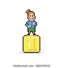 colorful simple flat pixel art illustration of smiling joyful female cartoon character standing on a golden pedestal taking first place