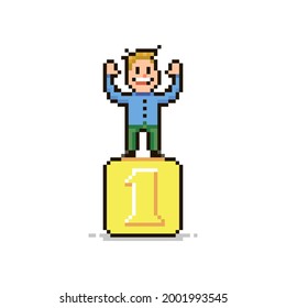 colorida ilustración de un simple píxel plano de un personaje masculino alegre sonriente parado en un pedestal dorado que ocupa el primer lugar con los brazos levantados