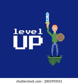 colorful simple flat pixel art illustration of smiling guy holding a sword and shield in his hands and a level up inscription next to it