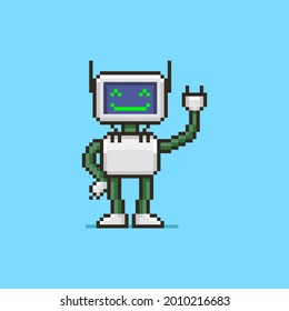 Colorful Simple Flat Pixel Art Illustration Of Cartoon Smiling Humanoid Robot With A Display Instead Of A Face