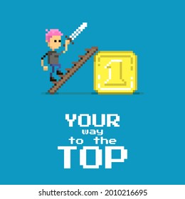 colorful simple flat pixel art illustration of cartoon character with a sword in his hands climbing a ladder on a gold pedestal with a number one on it