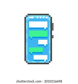 ilustración en píxeles planos y coloridos de un smartphone moderno con cuadros de texto de mensajería en pantalla 