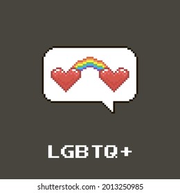 colorful simple flat pixel art illustration of cartoon speech bubble with two abstract red hearts which are connected by a lgbt rainbow