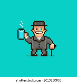 colorful simple flat pixel art illustration of cartoon smiling gentleman in a hat with a monocle holding a cup of hot drink and leaning on a cane