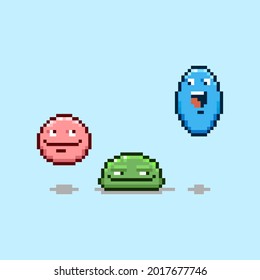 colorful simple flat pixel art illustration of three cartoon characters red, green and blue funny round jumpers