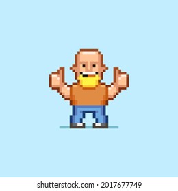 colorful simple flat pixel art illustration of cartoon bald smiling man with beard showing thumbs up with two hands