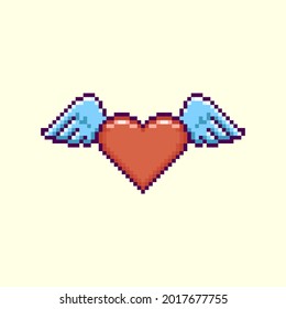 colorful simple flat pixel art illustration of cartoon winged red heart