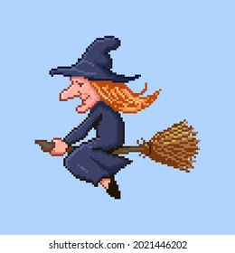 colorful simple flat pixel art illustration of cartoon profile of a witch flying on a broomstick