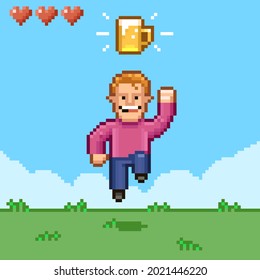 colorful simple flat pixel art illustration of cartoon smiling male retro video game character bouncing under a mug of beer