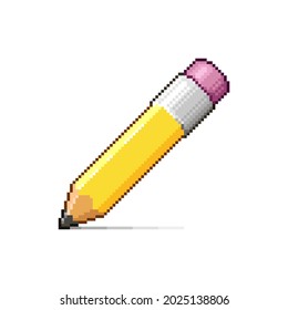 colorful simple flat pixel art illustration of cartoon yellow pencil with pink eraser on its back