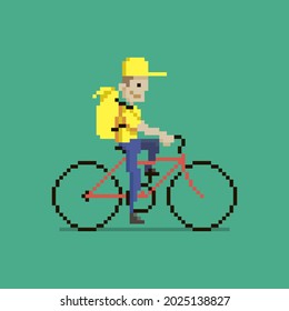 colorful simple flat pixel art illustration of cartoon character delivery man in yellow uniform with yellow backpack riding red bike