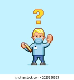 colorful simple flat pixel art illustration of cartoon doctor in a medical mask with a tablet in his hand and with an question mark above his head