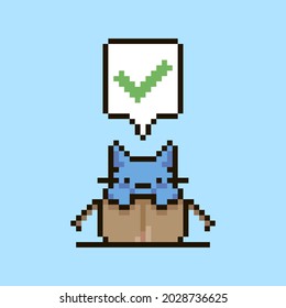 colorful simple flat pixel art illustration of cartoon cute kitten sitting in an open cardboard box and speech-bubble with green approval checkmark in it