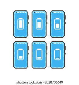 colorful simple flat pixel art illustration of set of icons of different battery level on the display of a smartphone with a front camera in the upper corner