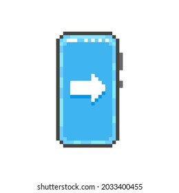 colorful simple flat pixel art illustration of modern smartphone with white right side arrow sign on screen