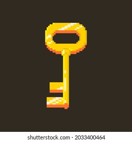 Colorful Simple Flat Pixel Art Illustration Of Cartoon Golden Vintage Key With Highlights