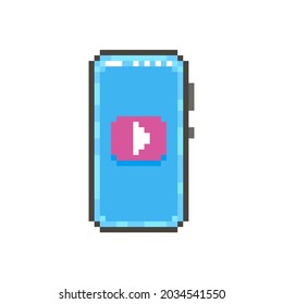 colorful simple flat pixel art illustration of modern smartphone with sign of the mobile application of the video player on the screen