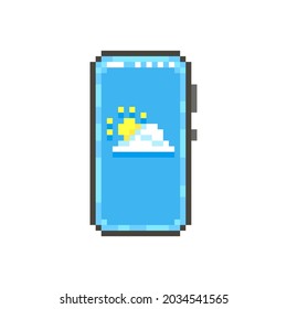 colorful simple flat pixel art illustration of modern smartphone with cloud and sun for a weather forecast app on the screen