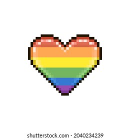 farbenfrohe, einfache flache Pixelkunst-Illustration von abstraktem Liebesherz aus Cartoon in Farbe der LGBT-Regenbogenflagge