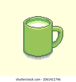 colorful simple flat pixel art illustration of cartoon green cup with milk in the style of retro video games
