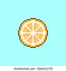 ilustraciones de arte coloridas simples de píxel plano de la caricatura fruta naranja o loncha de limón al estilo de videojuegos retro
