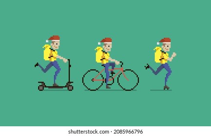 colorful simple flat pixel art illustration of cartoon character delivery men in christmas hat and yellow uniform with yellow backpacks wich riding on electric scooter, bike and roller skate