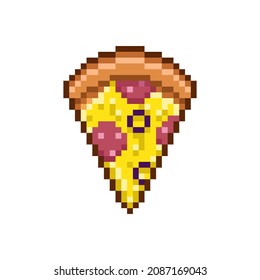 colorful simple flat pixel art illustration of cartoon slice of pizza with sausage, cheese and olives on white background