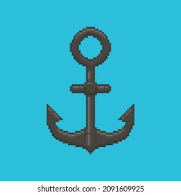 ilustración de arte de píxeles planos y coloridos del ancla de barco negro de la marina de dibujos animados 
fondo acuamarino
