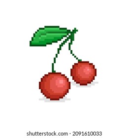 colorful simple flat pixel art illustration of cartoon pair of red cherries on a twig with green leaf on white background